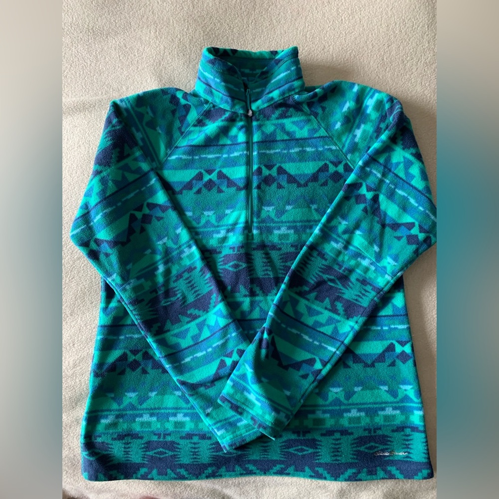 EDDIE BAUER Blue Green Fleece Pullover Sweater Geometric Mock Neck Women's L